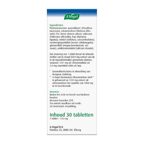 A.Vogel Dormeasan Citroenmelisse Sterk Nachtrust Tabletten 30 stuks